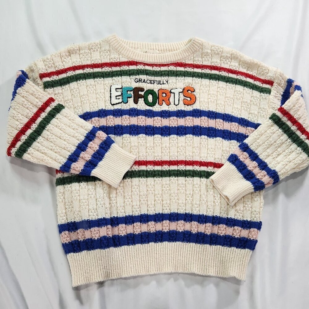 Cozy Cream and Green Knit Crewneck Sweater Gracefully Efforts Size Large.  Lot E